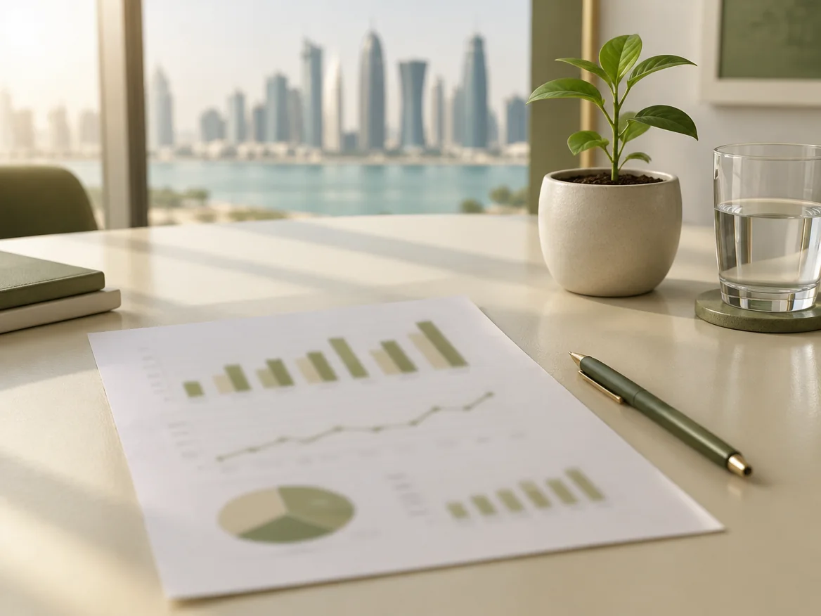One sheet of simple charts on a clean desk beside a pen and a small seedling in a pot