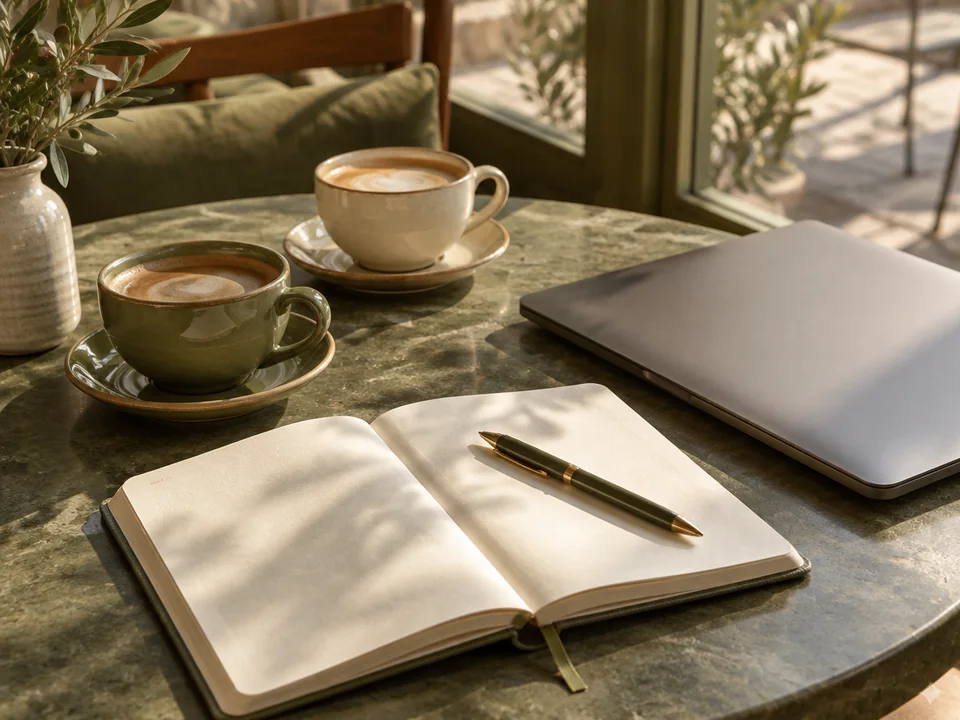 Two cups of coffee and an open notebook with a pen on a cafe table