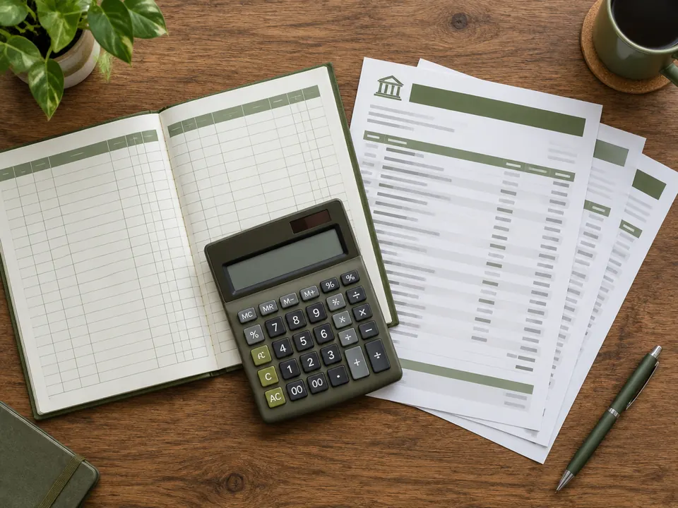 A ledger, a calculator and a bank statement fanned out on a desk