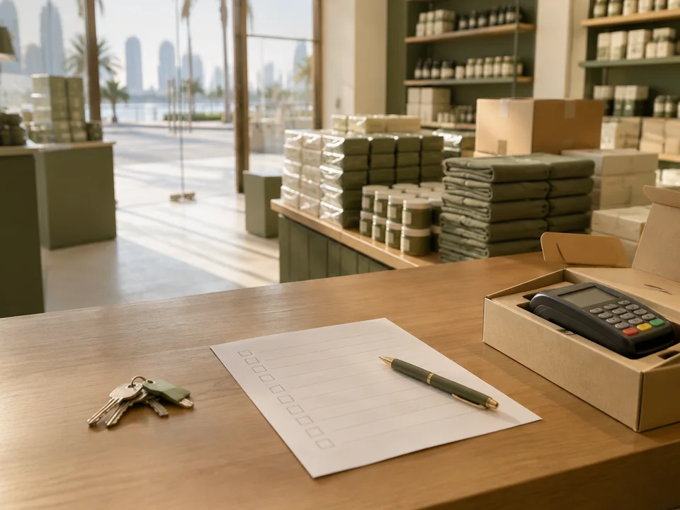 Keys, a launch checklist and a new card machine on the counter of a shop the morning before it opens